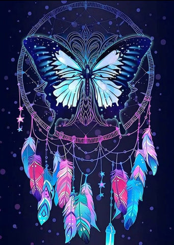 Diamond Paintings, Neon Butterfly Dreamcatcher - Native American Diamond Painting, Full Round/Square 5D Rhinestone Embroidery, DIY Diamond Kit