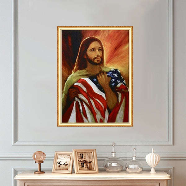 Diamond Paintings, Jesus American Flag - Religious Diamond Painting, Patriotic Round Rhinestone Art