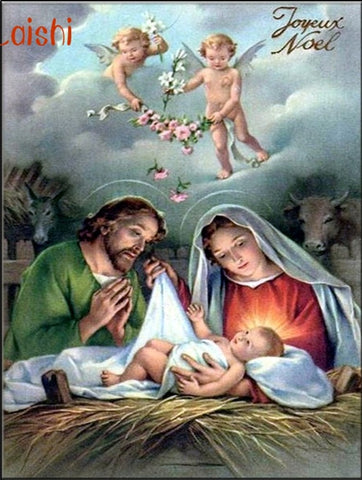 Diamond Paintings, Nativity Scene - Religious Diamond Painting Kit - Joseph, Mary and Baby Jesus - Full Round/Square Diamonds