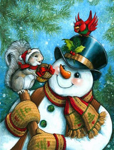 Snowman With Squirrel Friend | Christmas Diamond Painting | Full Round/Square Drill 5D Rhinestones | DIY Holiday Kit -Diamond Painting Kits, Diamond Paintings Store